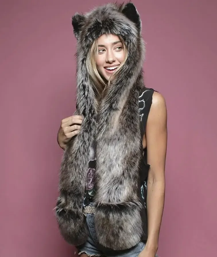 Winter Hood Animal Hat Ear Flaps Hand Pockets 3in1 Animal Hood Hat Wolf Plush Warm Cap Scarf Gloves Costume