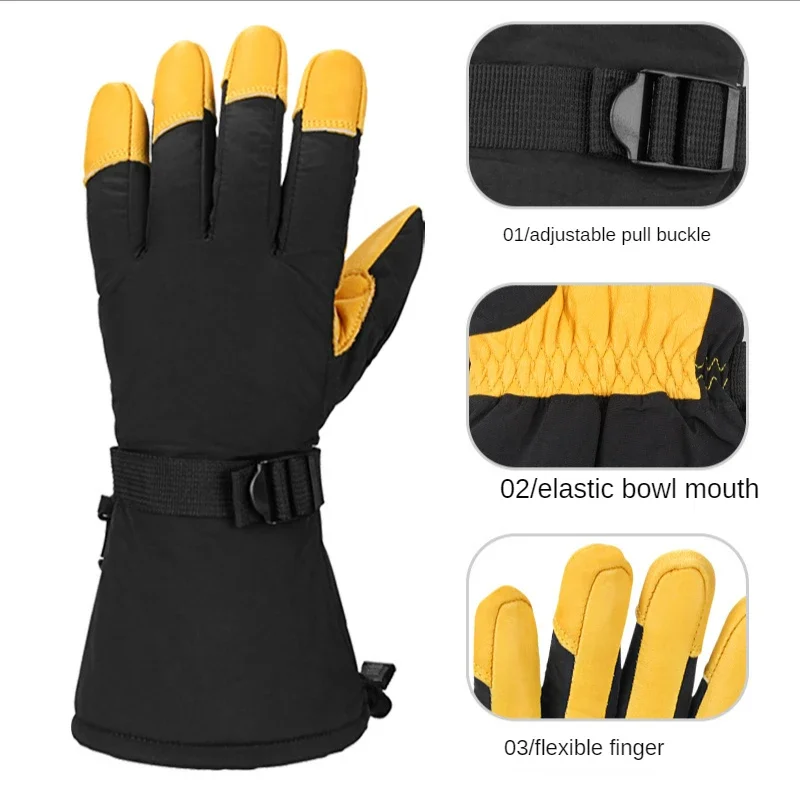 Winter Cowhide Mittens Men Women Ski Motorcycle Riding Gloves Mountain Bike Cycling Glove Windproof Waterproof Outdoor Sports 4