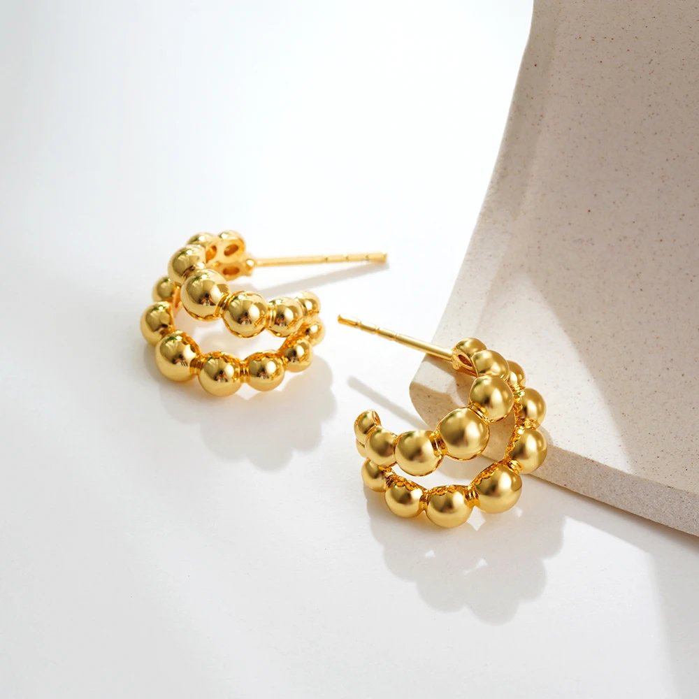 Double Layer Stainless Steel Beads C-shaped Hoop Earrings Anti Allergic Metal Mix Color Geometric Ear Huggie Punk Jewelry Brinco