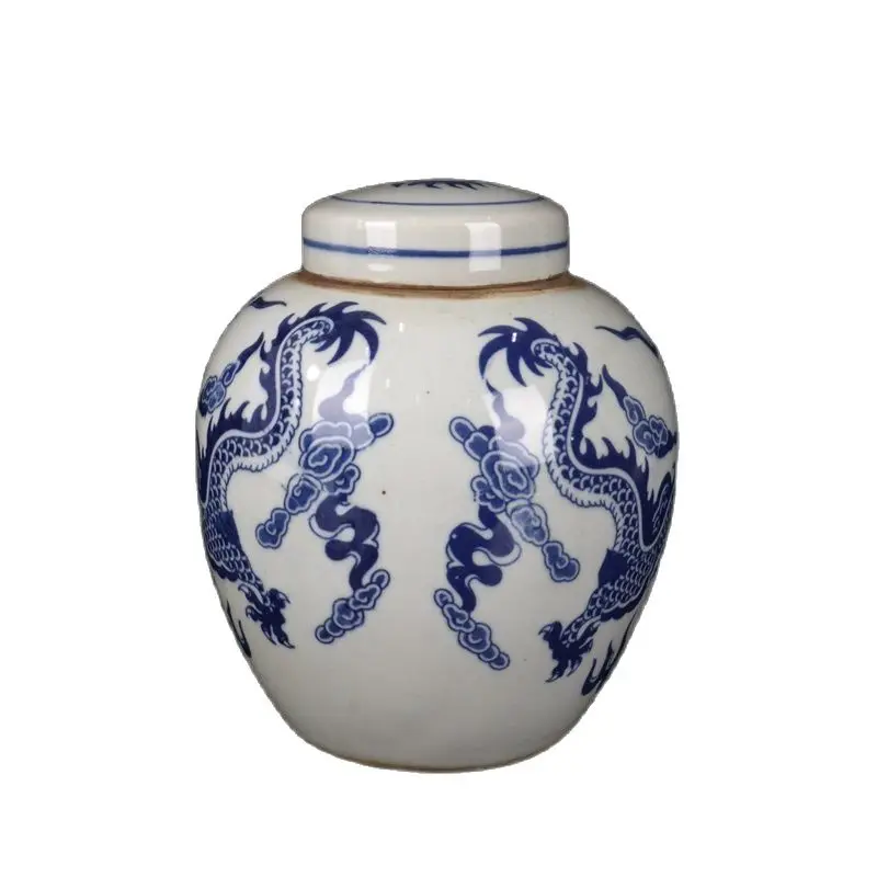 

China Old Porcelain Blue White Double Dragons Pattern Covered Pot Storage Pot