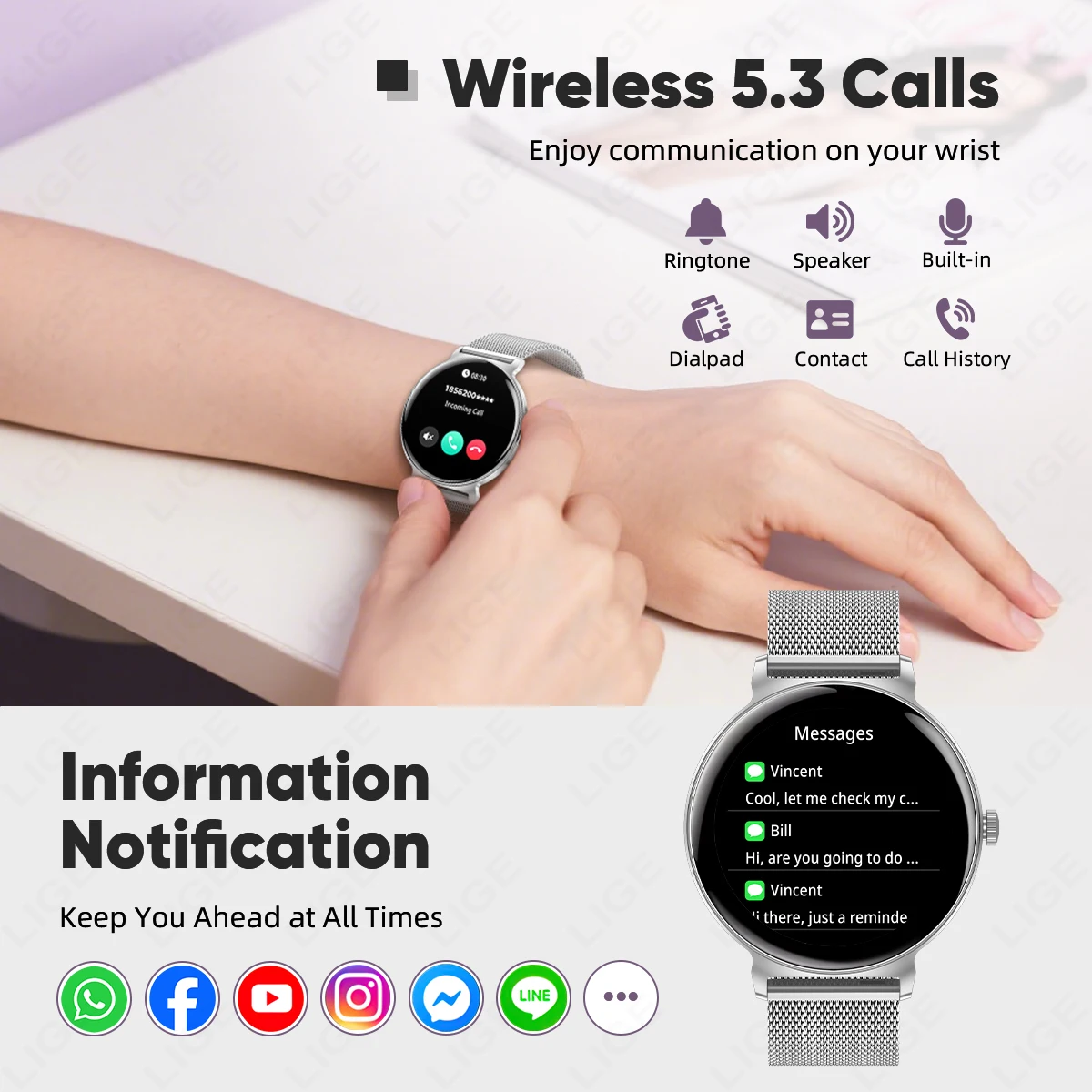 LIGE Ultra-thin Smart Watch Ladies Bluetooth Call Custom Dial Sport Heart Rate Health Tracking Watch Waterproof Women Smartwatch