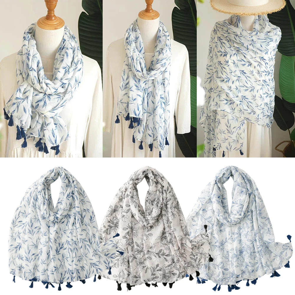 

Willow Leaves Print Shawls Woman Floral Tassel Viscose Shawl Scarf Thin Muslim Hijab Long Scarves Full Cover Head Wraps Scarf