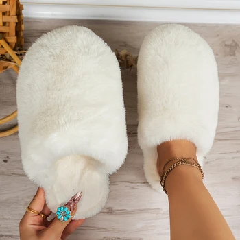 2025 Winter Beige Fluffy Fuzzy Slippers Women Comfortable Warm Home Cotton Slippers Woman Indoor Non Slip Flats Plush Slides 1