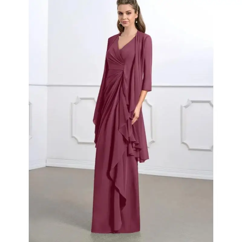 

A-Line Mother Of The Bride Dresses Chiffon V-Neck Sleeveless Wedding Party Gowns With A Jacket