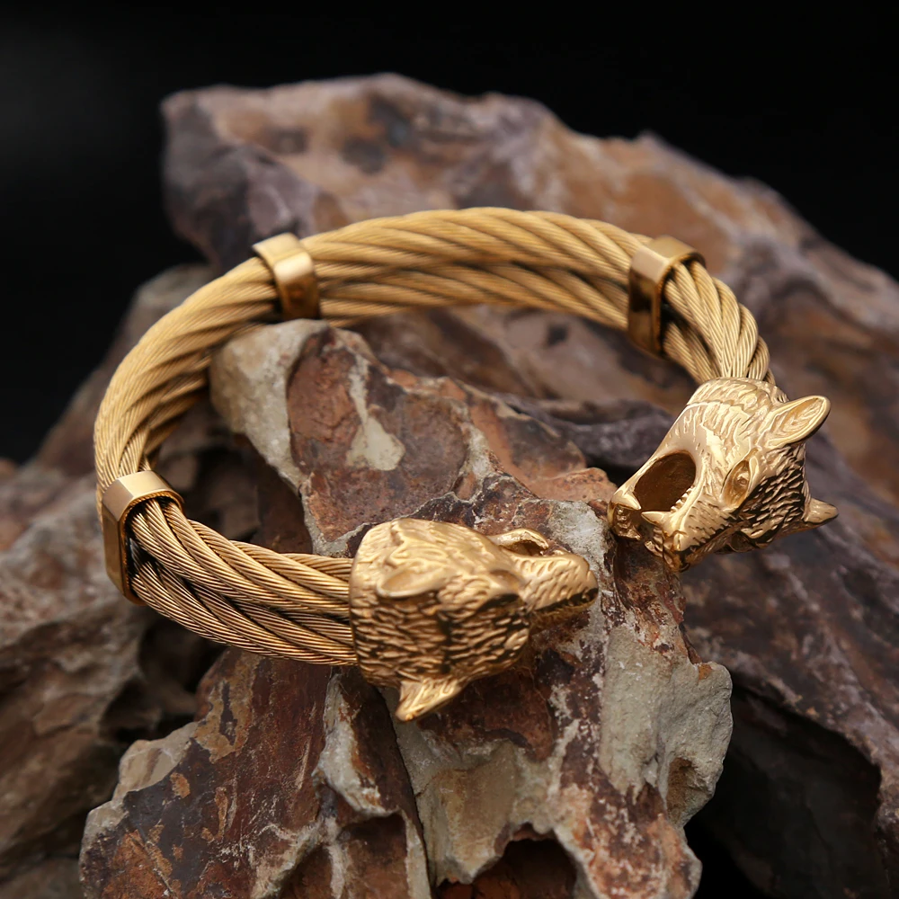 Fashion Vintage Double Viking Wolf Head Bracelet 316L Stainless Steel Punk Biker Animal Bracelets Norse Amulet Jewelry Wholesale 5