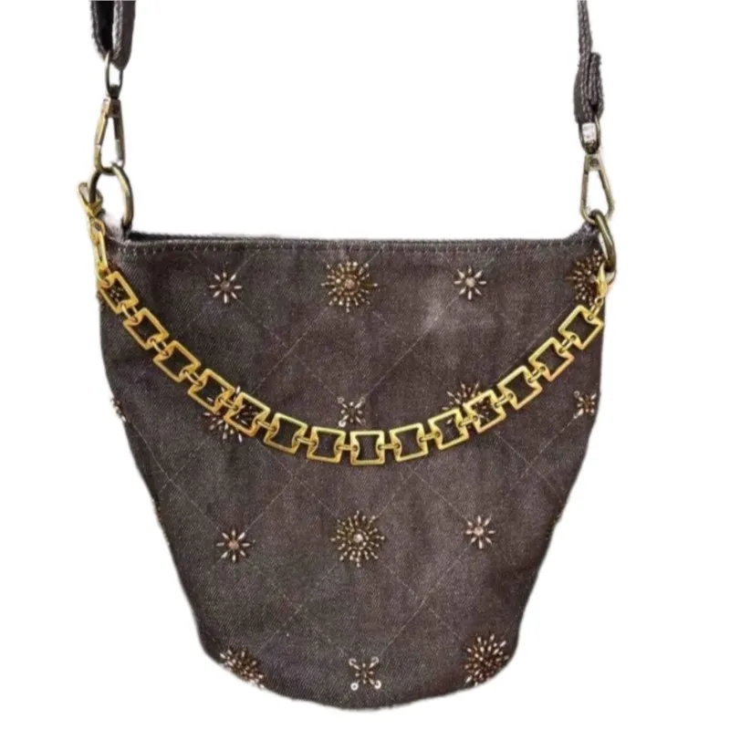 Retro Denim Bead Embroidery Shoulder Bag Women Chain Quilted Large Capacity Handbag Ladies Harajuku Versatile Crossbody Bag 2025
