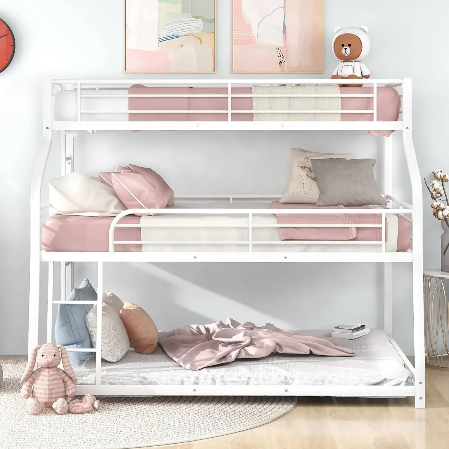 3 in 1 Triple Bed,Heavy Duty 3 Beds Bunk Bed with Guard Rails & 2 Ladders for Kids,Teens, Adults,White 6