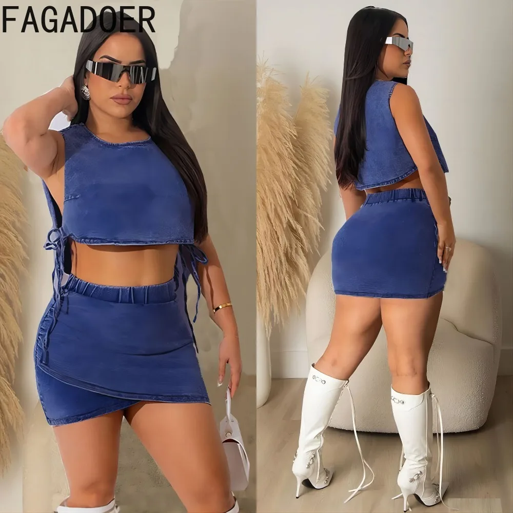 FAGADOER Y2k Denim Blue 2 Piece Sets Female Vintage Fashion Side Lace-up Hollow Crop Top Mini Skirt 2pcs Outfits Matching Suit grace karin women 2pcs pack two way skirt comfy strapless ruffled chiffon decorated dress hight waist bodycon skirt outfit 2023