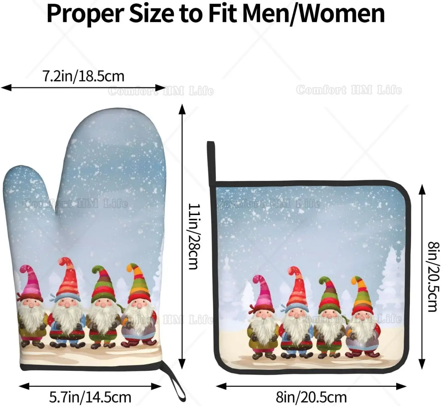 Heat Resistant Oven Mitt and Pot Holders 2 Piece Set Christmas Winter Gnomes Cotton Lining Non-Slip Kitchen BBQ Oven Gloves