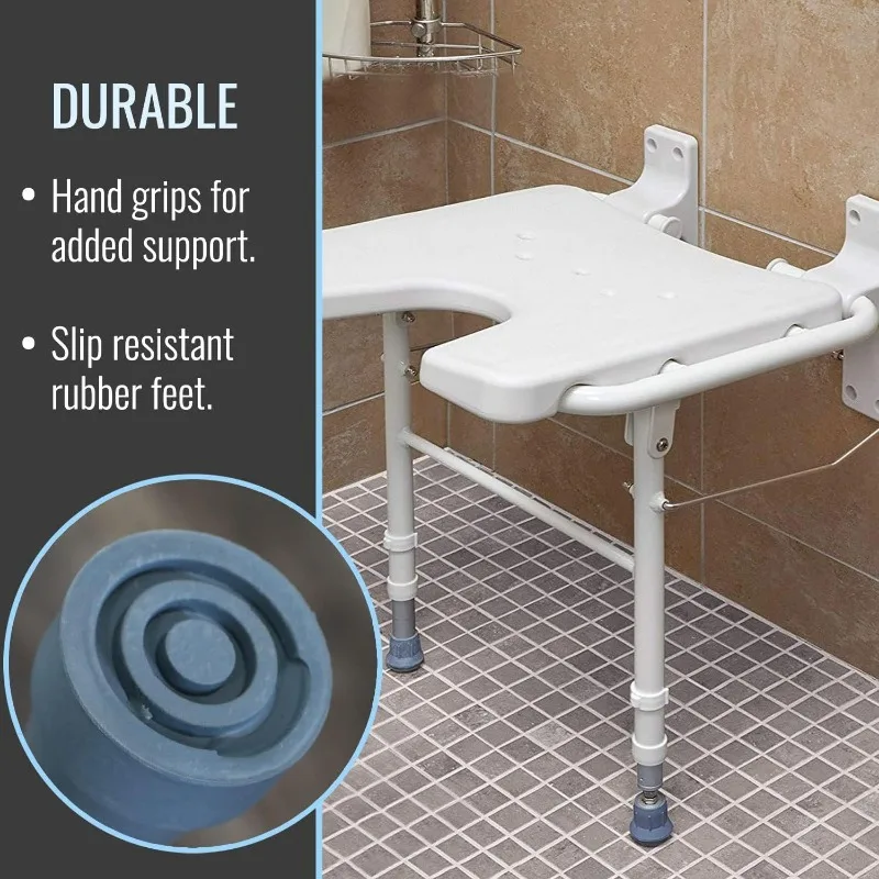 Wall Mount Fold Away Bath Chair Shower Seat Bench with Adjustable Legs, FSA and HSA Eligible, Seat 16 X 16 Inches, White 6