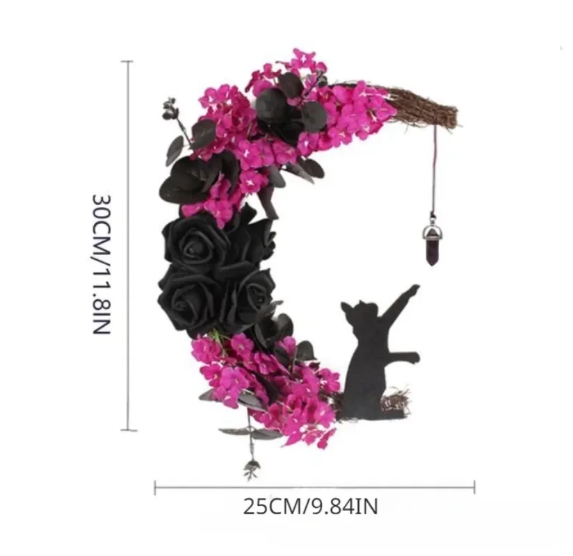 Christmas Wreath Door Hanging Wall Decoration Pendant Moon Shaped Cat Is Wearing A Christmas Hat Garland Dried Flower Party