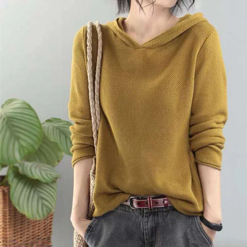 

2023 New Women's Clothing Knitted Hooded Long Sleeve Autumn Winter Office Lady Commuter Casual Fashion Solid Color Pullovers