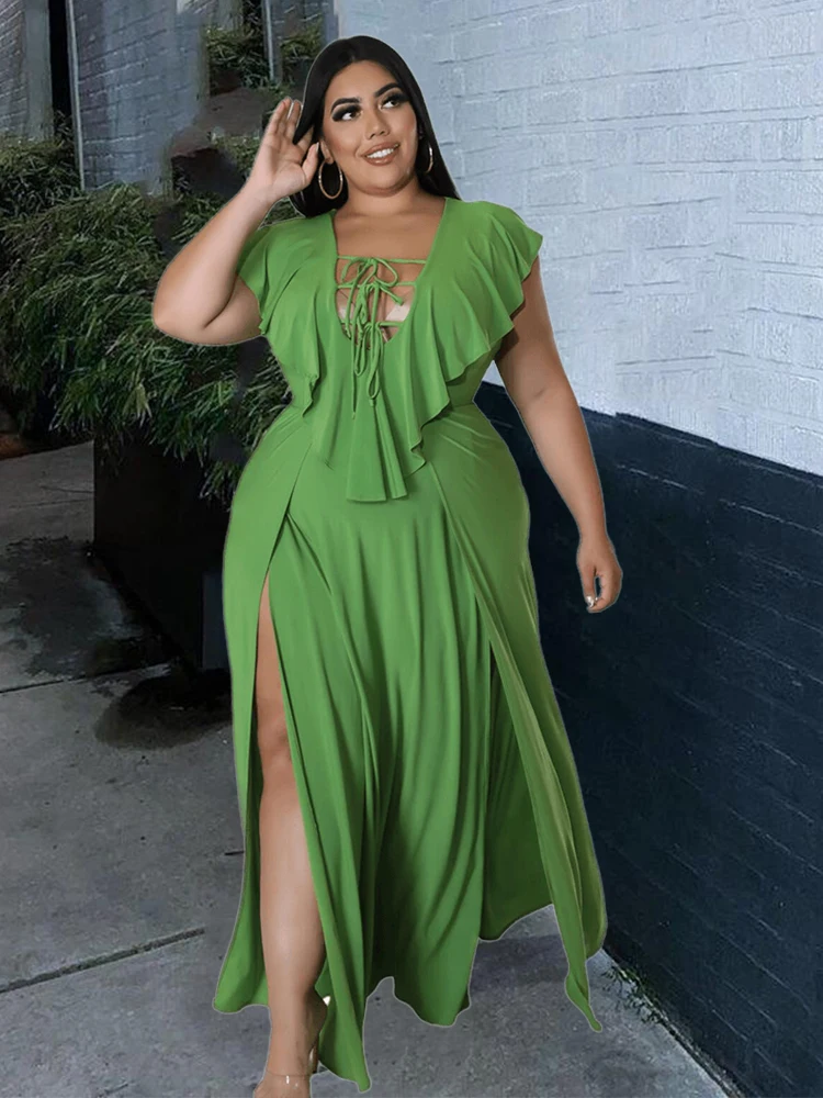 Elegant Dresses for Women Summer Maxi Dress with Slit Ruffled V Neck Sexy Ladies Plus Size Dresses Wholesale Bulk Dropshipping