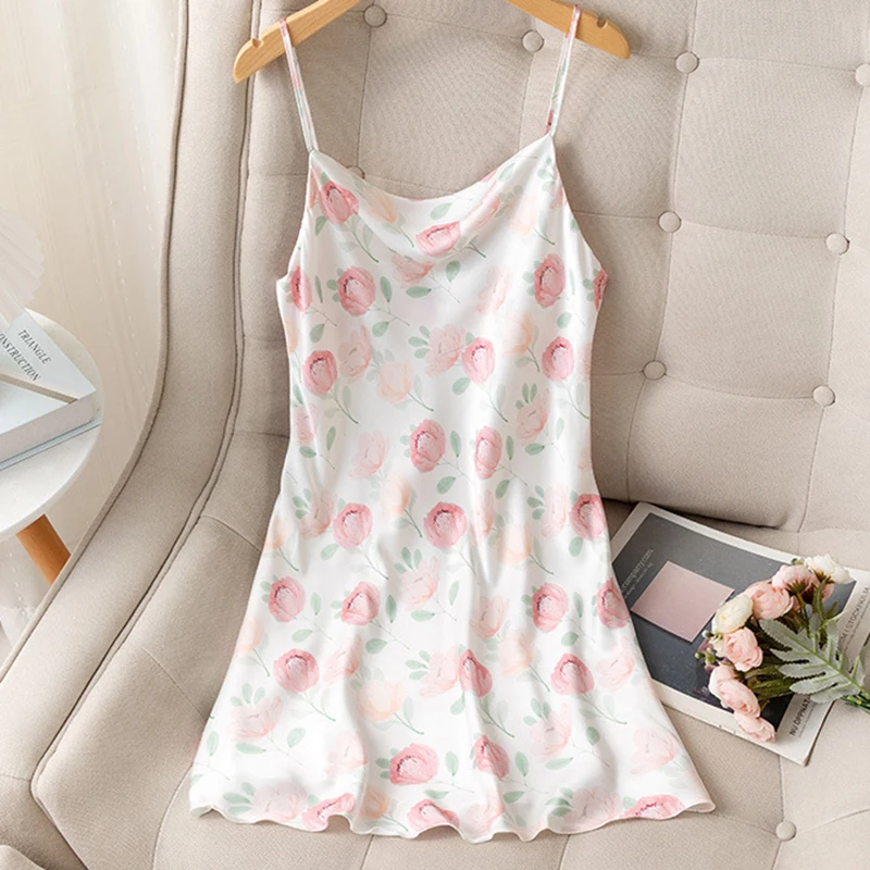 

Suspender Nightgown Women Chemise Sleepwear Nightdress Print Flower Nightwear Kimono Dressing Gown Satin Home Wear Loungewear