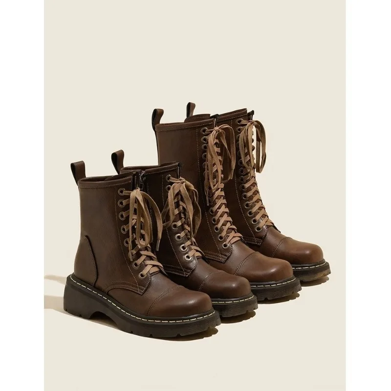 British Style Slim Lace up Simple Black Thick Boots Women's Summer 2023 New Vintage Thick Heel Short Boots boots women