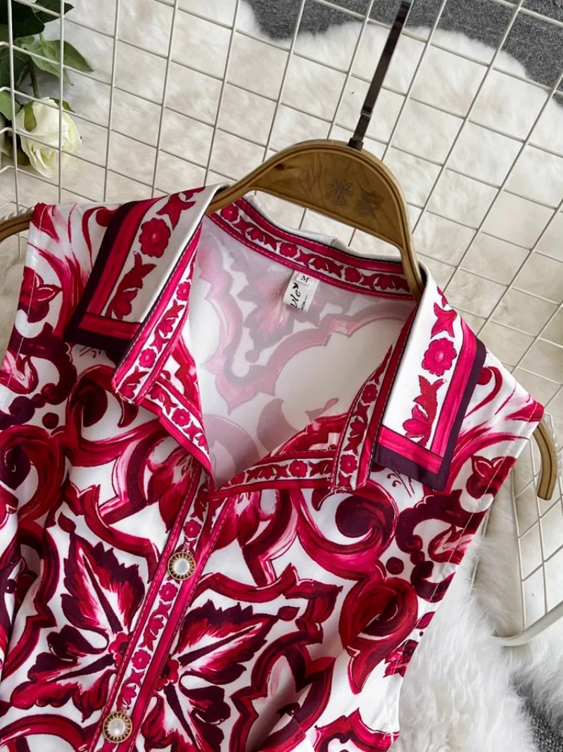 Description Picture 6 of itemHikigawa Chic Fashion Women Summer Vintage Turn Down Collar Sleeveless Dresses Belted Slim Waisat Blue White Print Vestidos