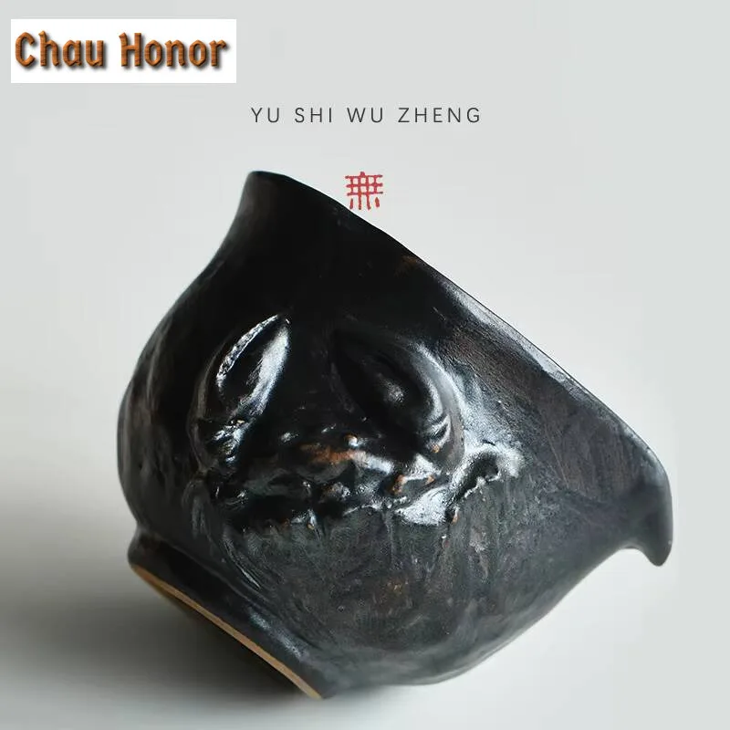 170ml Handmade Embossed Crab Tea Pitcher Japanese Black Coarse Pottery Cha Hai Justice Cup Zen Kung Fu Teaware Craft Supplies