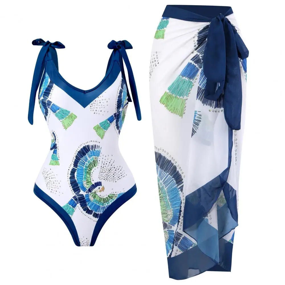 Swimsuit Cover Up Set Floral Printed Women's Bikini Set with Lace-up Cover Up Ruffle Bandage Swimwear 2pcs/set Sexy for Beach
