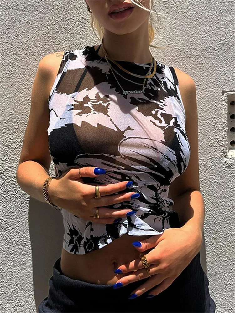 

2023 New Harajuku Vintage Floral Print Mesh Tight Crop Tops Y2k Sexy Summer Clothes for Women See Through Graphic Tank Top Emo