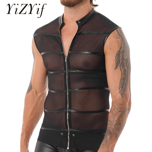 Fashion Men Tank Tops Stripe See-through Mesh T-shirt Transparent Zipper  Sleeveless Casual Vests 2023