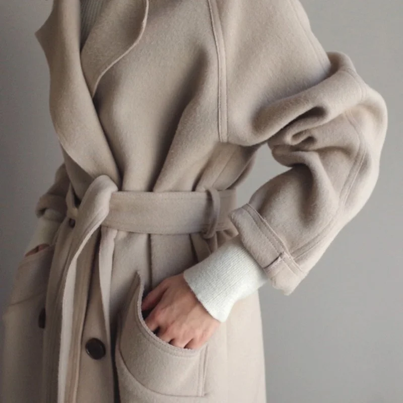 

Women's Winter Elegant Wool Blended Solid Color Korean Long Coat Retro Fashion Black Simple Wool Camel Oversized Coat Beige