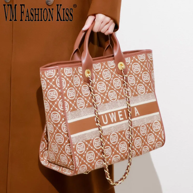 

VM FASHION KISS Cotton Linen + PU Classic Ladies Tote Bags For Women Luxury Bag Chain Shoulder Strap Embroidered Women's Handbag