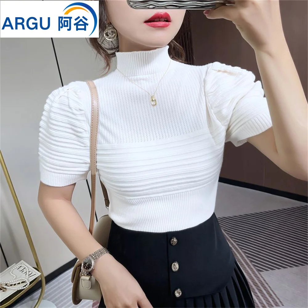 

Summer Female Short Sleeve Women O-neck Solid Color Fashion Women's Clothing Tee Mock Neck Casual Sleeved Knit Shirt Puff Sleeve