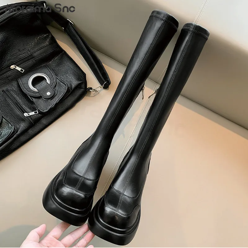 White Platform Elastic Knight Boots Round Toe Thick High Heels Knee High Boots Side Zipper Multi-Color Fashionable Women's Boots