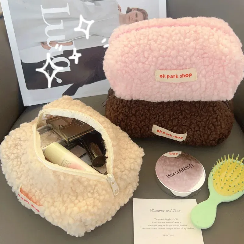 Ins Plush Cosmetic Bag Women Storage Soft Stationery Bags Large Capacity Travel Soild Color Makeup Handbag Organizer Accessories