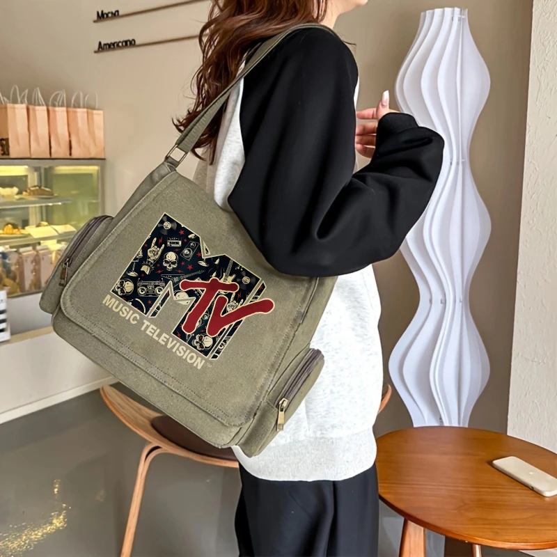 Personality Men's Bag Multiple Pockets Large Shoulder Bag For Men Canvas Rock Print Large Capacity Crossbody Bag Travel