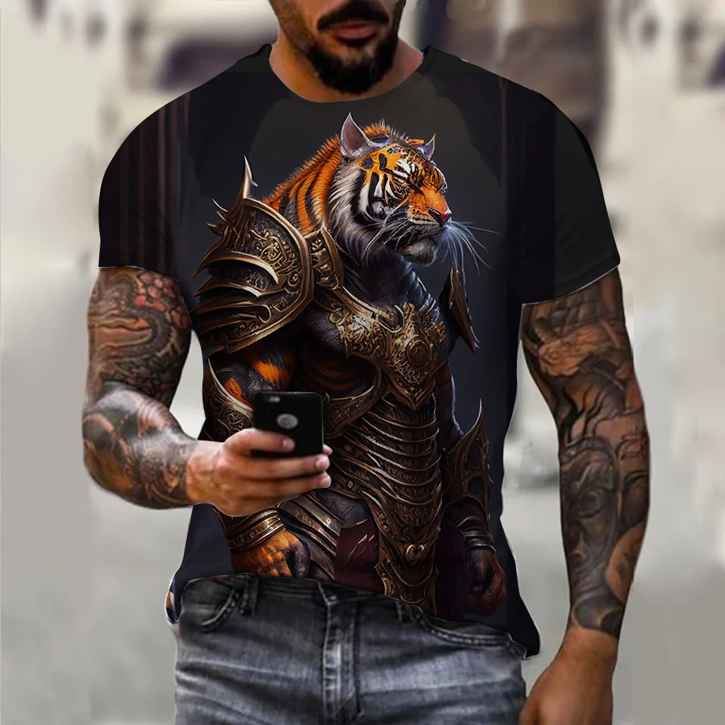 

3d Tshirts For Men Vintage T-shirt Street Fashion Armored Tiger Printed Short-Sleeved Oversized Golden Dragon T-shirt Tops Tees