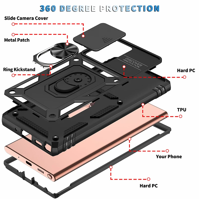 Ultimate Protective Slide Lens Case with Metal Ring Stand - Durable PC+TPU Back Cover