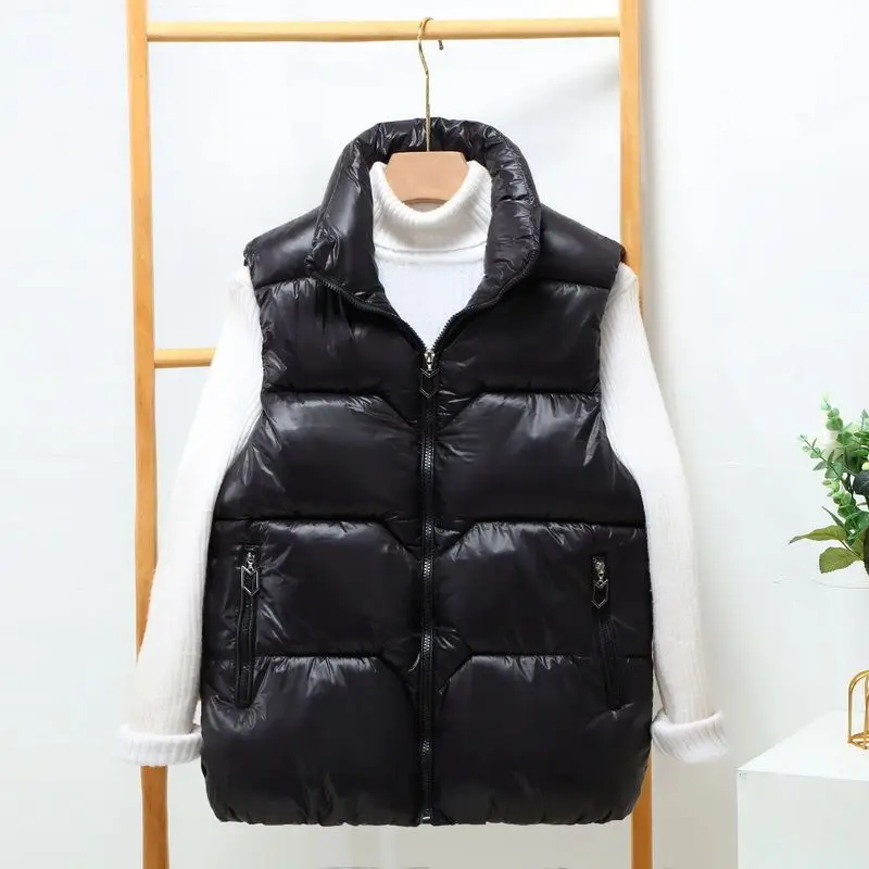 

Women Stand Collar 2023 New Short Bright Color Cotton Padded Jacket Sleeveless Female Winter Waistcoat Outer Wear Coat Vest Q391