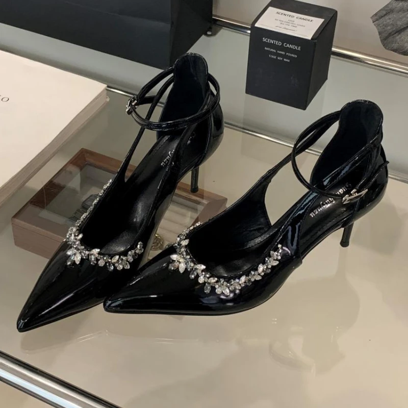 Women's High Heeled Single Shoes, Pointed Toe, Diamond Decor, Asymmetric Block Heels