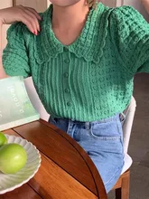  Cardigan Women T-shirt Cute Button Short Sleeve Sweater Femme Single Breasted Peter Pan Collar Summer New Tops 