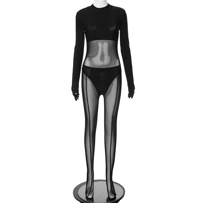 Women Sexy Club Mesh Patchwork Skinny Jumpsuits See Through Bodycon One Piece Glove Dancing Attire Hipster Streetwear Outfits