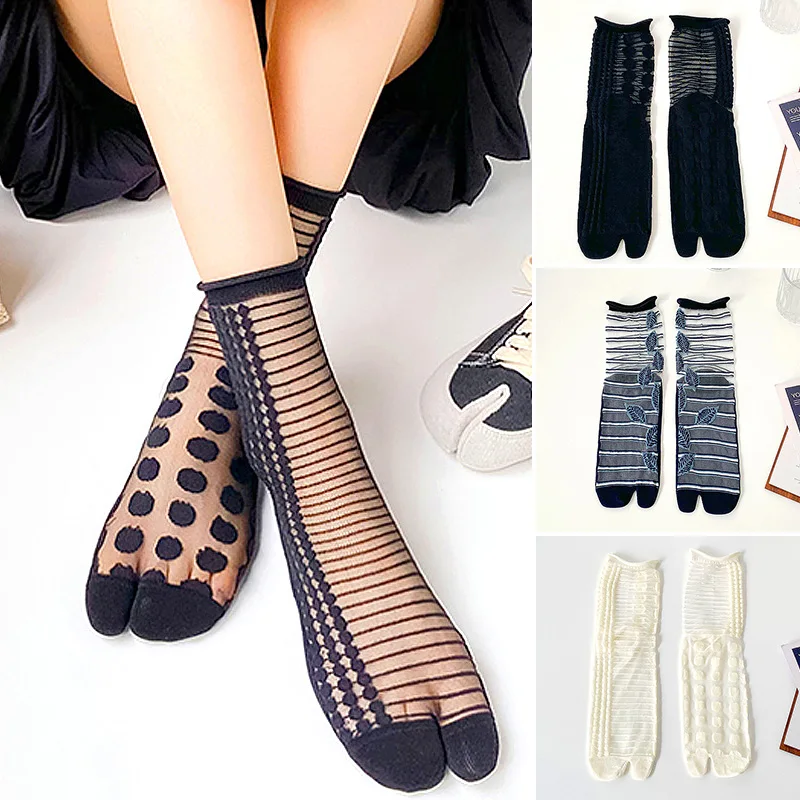 

Crystal Silk Split Toe Socks for Women Summer Ultra-thin Sheer Striped Two-Toed Socks Japanese Elastic Transparent Tabi Socks