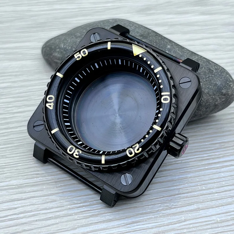 New 42mm Black Square Watch Cases Pvd Stainless Steel Sapphire Glass