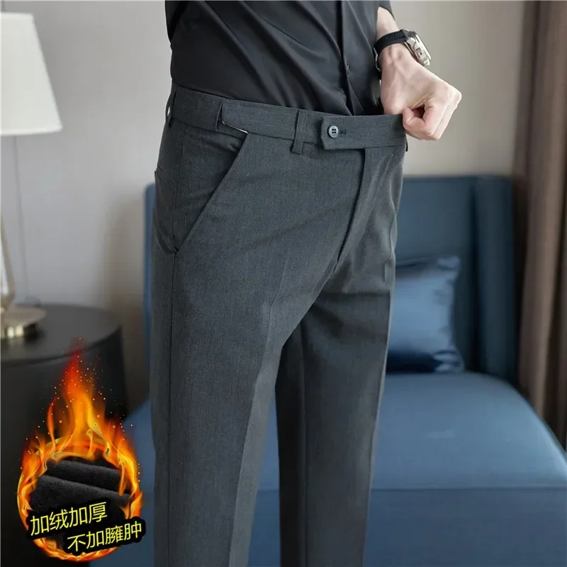 fleece lined dress pants Oplxuo Men's Winter Thermal Pants, Straight Leg Business Casual Work Suit Trousers with Pockets combining a clean dress Men's Fleece Pants Trousers Dress
