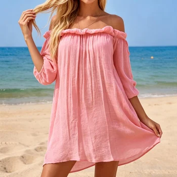 Vacation Style One-Shoulder Short Dress, Fashion Lightweight Sheer Bikini Cover-Up, Casual Plain Beach Clothing for Women 1