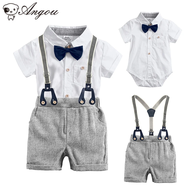

European Style Baby Boys Short Sleeves Plaid Rompers+Overall Shorts+Tie 3pcs Boys Gentleman Suit Toddler Baby Summer Clothes