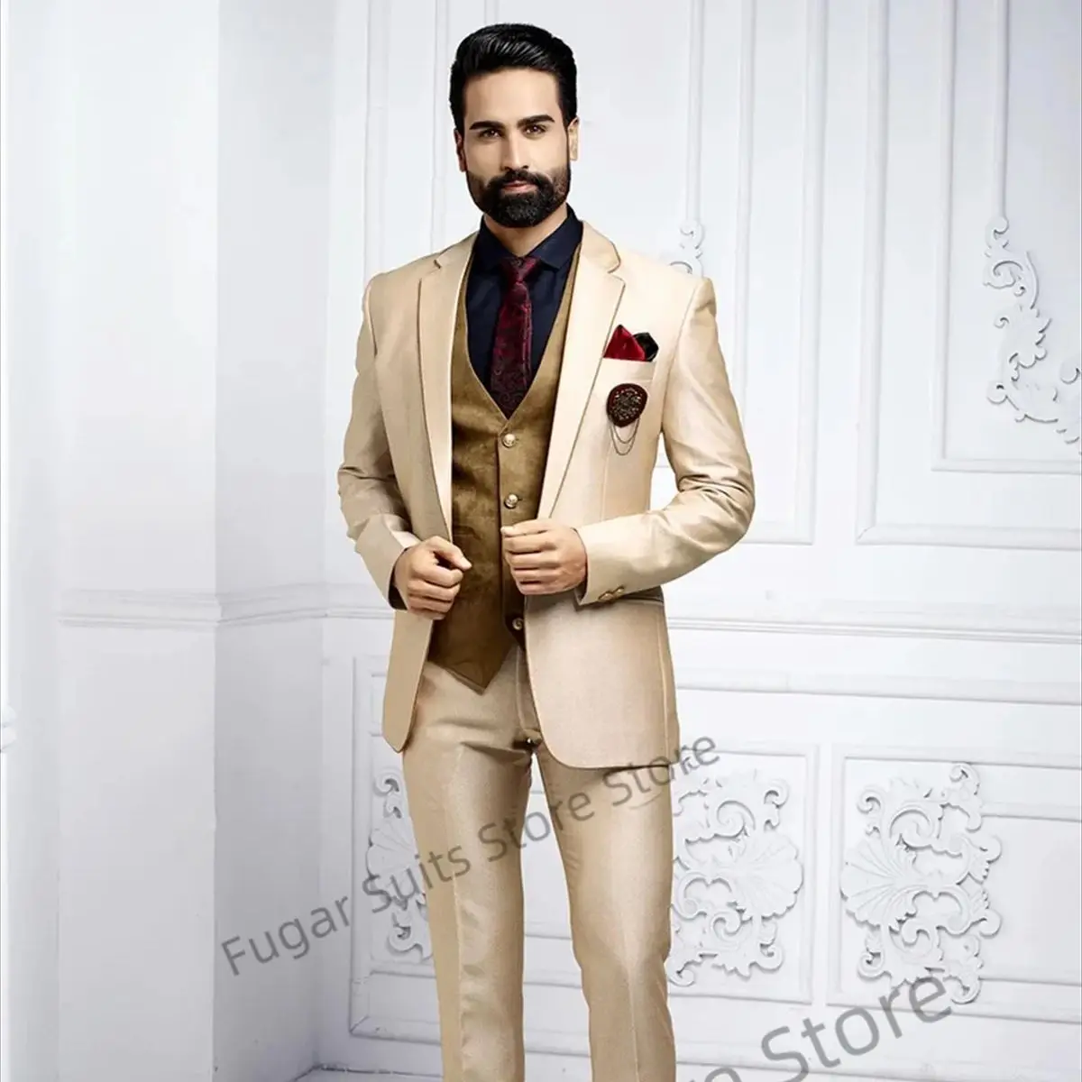 Luxuly Golden Elegant Suit For Men Slim Fit Notched Lapel Formal Groom Tuxedos 3 Pieces Sets Business Male Blazer Costume Homme