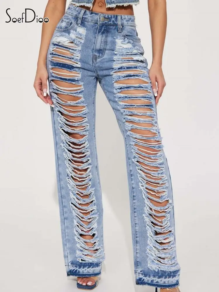 

Soefdioo Blue Denim Pants for Women Clothes 2023 Summer Streetwear Fashion Ripped Hollow Out Wide Leg Straight Jeans Trousers