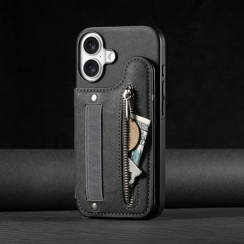 Zipper Cards Slot Leather Wallet Case with Elastic Wrist Strap