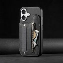 Zipper Cards Slot Leather Wallet Case with Elastic Wrist Strap - iPhone 17 (Black)