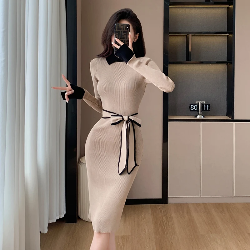 

Elegant Lapel One Piece Korean Dress Ladies Slim Waist Lace-Up Knitted Mid-Length Sweater Dress Women Vestidos Autumn Winter New