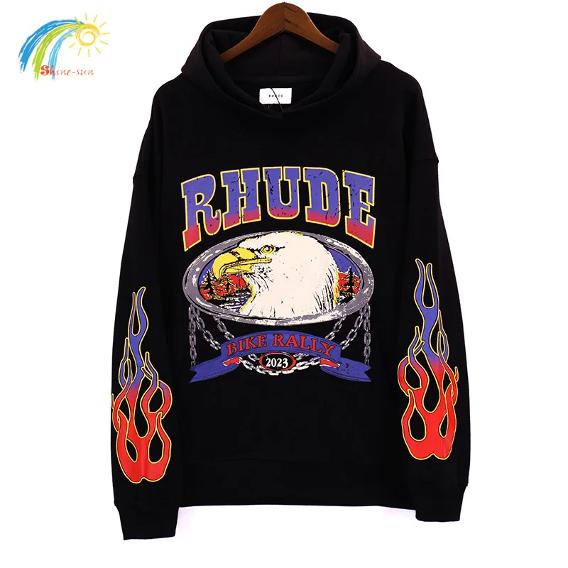 

Gradient Letter Logo Eagle Print Rhude Hoodie Men Women High Quality 100% Cotton Flame Sleeve RHUDE Pullover Hooded With Tag