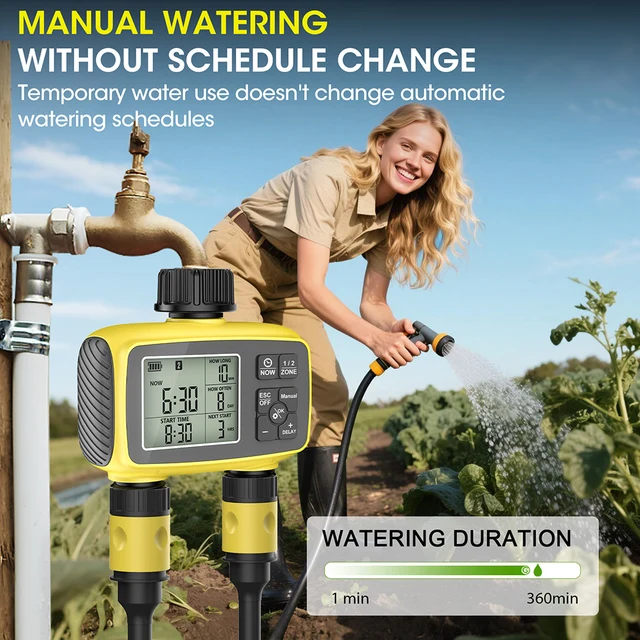 Large Screen Display Garden Irrigation Timer 2 Outlets Smart Water Timer Irrigation Control System Timed Water Value IPX5 5