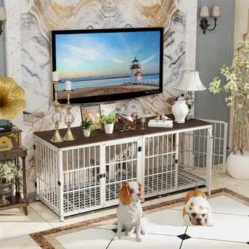 Dog Crate Furniture White Pet Kennel Black Cage End Table with Three Doors and Removable Tray, for Small Medium Large Dogs 2