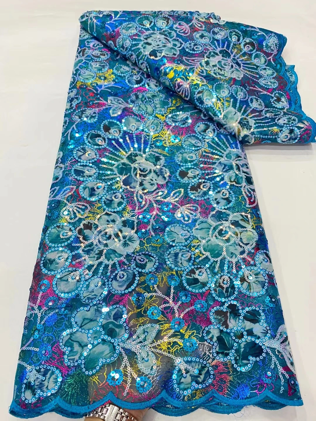 

LDPN278 Sea Blue embroidered African net lace with sequins,nice looking French tulle lace fabric for party/wedding dress